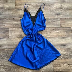 Vintage 1980s Val Mode Blue Liquid Satin Lace Slip Dress